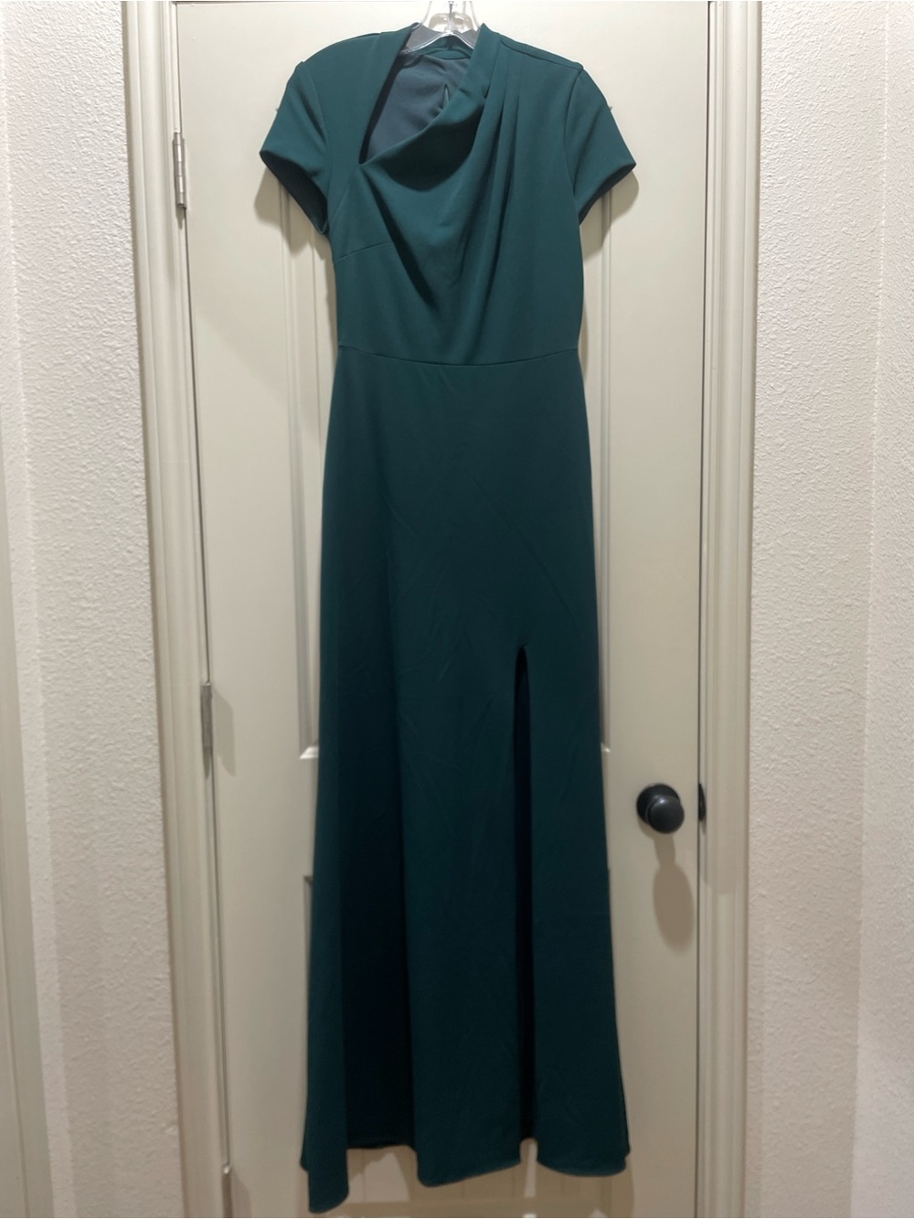 Betsy Adam Elegant Hunter Green Asymmetrical Neck Maxi Dress